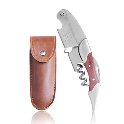 Immagine di Cavatappi professionale in acciaio inox e palissandro, per bottiglie di vino, 3 1, robusto inox, manico vero legno con tagliacapsule (Brosa)
