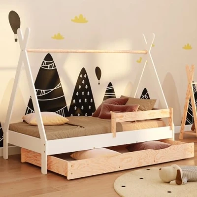 Immagine di smartwood Lettino bambino con cassetto TIPI D 80x160 rete a doghe e sponda Letto Montessori bambini Casetta per ragazzi ragazze singolo contenitore 160x80 Bianco