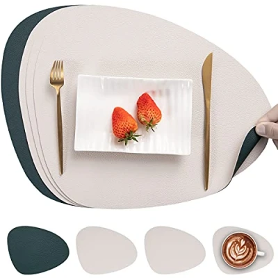 Immagine di Myir JUN Tovagliette in Pelle e Sottobicchieri, Set Americana Plastica Lavabili Bifacciale Non scivolose Impermeabile Triangolari (Set di 4, Bianco Avorio Verde)