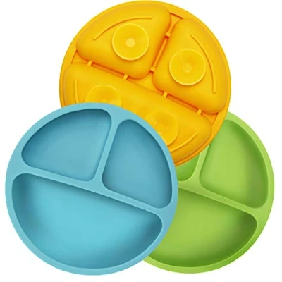 Immagine di PandaEar piatto svezzamento ventosa per bambini e neonato 3 set piatti Non Slip lavastoviglie cassaforte di microonda (blu verde giallo)
