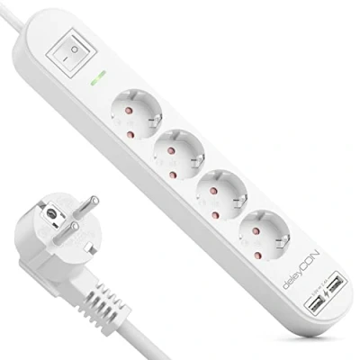 Immagine di deleyCON 3,0m Ciabatta Elettrica A 4 Scomparti con USB 4x Prese di Contatto Protezione 2x Presa Ricarica da Sovratensione Interruttore ON/OFF Bianco