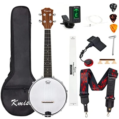 Immagine di Kmise, Banjolele, Banjo, Ukulele da concerto, 58,9 cm, con tracolla, corde per accordatore (plettri pickup, righello, chiave a ponte)