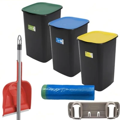 Immagine di SICIGNANO Set Pattumiere Riciclo con Coperchio Raccolta Differenziata Carta Vetro Plastica 50 Litri, 15 Sacchetti Colorati, Paletta e Appendiscope Colori Assortiti