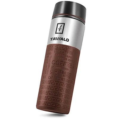 Immagine di TAVIALO Tazza Termica 380 ml in Acciao Inox. Mug Doppia Parete senza BPA. Mantiene le Bevande Fredde per 24 ore, Quelle Calde 12 ore. 2 Guarnizioni Silicone Aggiuntive. Colore Marrone.