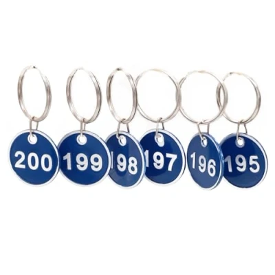 Immagine di NanTun Targhette numerate in alluminio con portachiavi, confezione da 100, numeri 1 a blu
