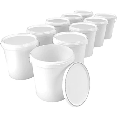 Immagine di 10 secchi con coperchio, 16 litri, di colore bianco, per alimenti, ermetici e stabili, manico chiusura, coperchio prodotti chimici, lavaggio in polvere