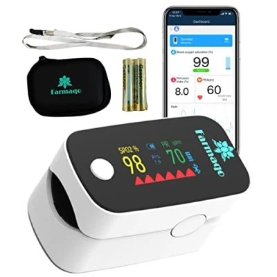 Immagine di Saturimetro da dito professionale certificato BLUETOOTH Pulsossimetro con APPLICAZIONE adulto bambino SCHERMO OLED Sensore di frequenza cardiaca Ossimetro misura ossigeno SPO2 e Pulse BPM