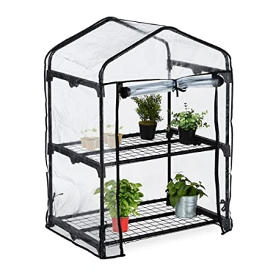Immagine di Relaxdays Serra per Il Balcone, a 2 Piani, HLP 94 x 67 49 cm, in Acciaio e Telo PVC Giardinaggio, Trasparente Nero