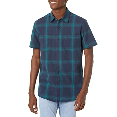 Immagine di Amazon Essentials Camicia in Chambray a Manica Corta vestibilità Regular Uomo, Blu Marino Strisce Sfumate, XXL