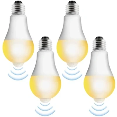 Immagine di 4 lampadine a LED E27 con sensore di movimento, lampadina movimento PIR E27, 15 W, luce bianca calda, 3000 K, per corridoio, garage, scale, balcone