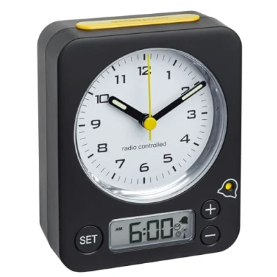 Immagine di TFA Dostmann Sveglia Digitale da Comodino Combo, 60.1511.01.07, Orologio anologico, con iullminazione, radiocontrollata, Nera, Nero Giallo, 90 x 40 115 mm, 10 unità