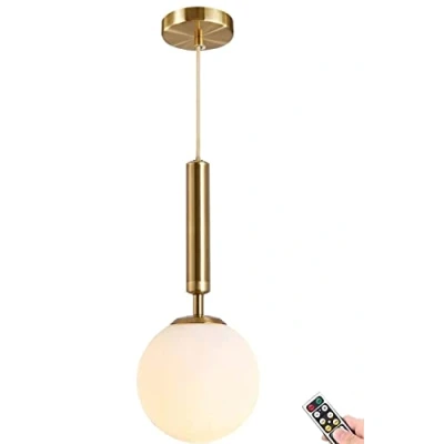 Immagine di ZOBRO Lampada a sospensione senza fili batteria con telecomando e lampadina dimmerabile, cavo, paralume in vetro smerigliato bianco, regolabile, dorato, da 20,1 cm