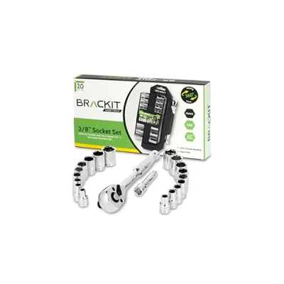 Immagine di brackit Set di 20 chiavi a bussola resistenti alta qualità con impugnatura cricchetto reversibile e barra estensione, kit attrezzi professionali per auto fai da te, pulsante sgancio