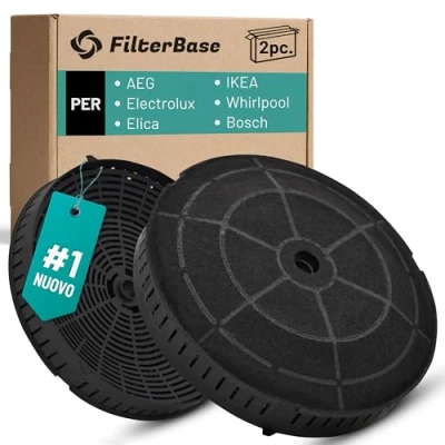 Immagine di FilterBase® 2 filtri a carbone attivo per AEG Electrolux 4055171138 4055217501 Elica CFC0038668 Tipo 57 CFC0140343 Ikea NYTTIG FIL 440 Whirlpool 48400008824 Bosch 12020221 Siemens 10005582