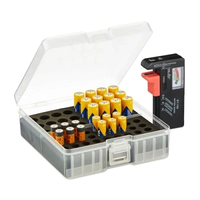 Immagine di Relaxdays Custodia Portabatterie con Tester, per 60 Pile AA e AAA 5,5x15x15,5 cm, Scatola Batterie, Trasparente/Nero