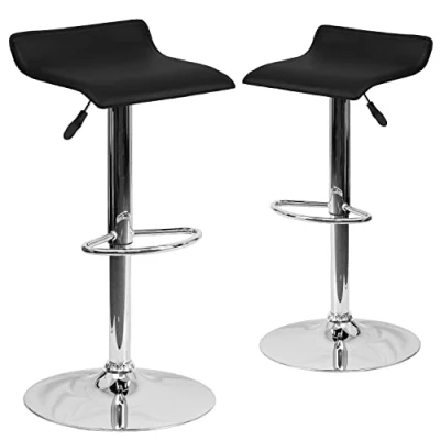 Immagine di Flash Furniture 2 sgabelli da Bar contemporanei in Vinile, Altezza Regolabile, con Seduta ondulata Solida e Base cromata, Tessuto Metallo, Nero, Pezzi, unità