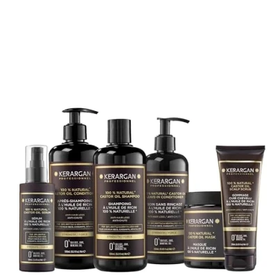 Immagine di Kerargan Kit Completo Anti Caduta all&#039;Olio di Ricino Per Capelli Secchi, Fragili Favorisce la Crescita Senza Solfati, Parabeni, Siliconi 3x500ml + 100ml 350ml 250ml