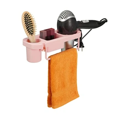 Immagine di Relaxdays Porta Asciugacapelli da Parete, Adesivo, in Plastica, Gancio per Cavo e Portaoggetti, HLP 9x30x10,5 cm, Rosa