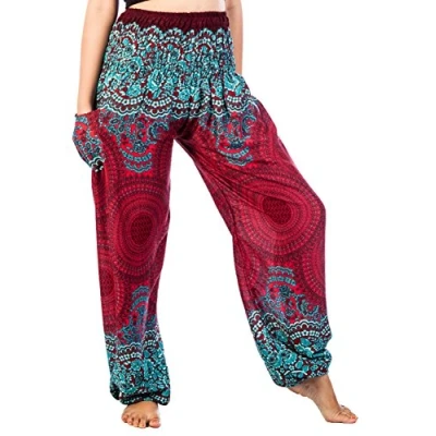 Immagine di Lofbaz Donna Harem Rosa 1 Colorato Smocked Waist Boho Pantaloni Borgogna Size L