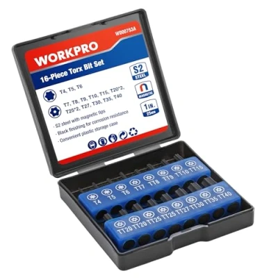 Immagine di WORKPRO Set di 16 Punte Torx S2 da 25 mm, in Acciaio S2, CNC Precisione Lavorata, Kit Smontaggio e Riparazione per Occhiali, Smartphone ed Elettronica
