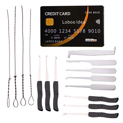 Immagine di Loboo Idea Strumenti per grimaldelli fabbro da 15 pezzi Include set di stile carta credito 5 e kit estrattore chiave rotto 10