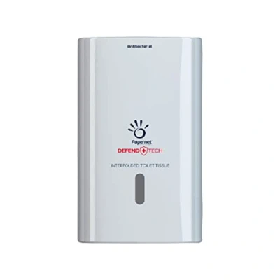 Immagine di Papernet Defend Tech Dispenser Antibatterico per Carta Igienica Interfogliata 416147, in Plastica Reciclata e Antibatterica, Capacità Massima 2,5 Clips, Dimensioni 26,5x13,5x16,5cm, Bianco
