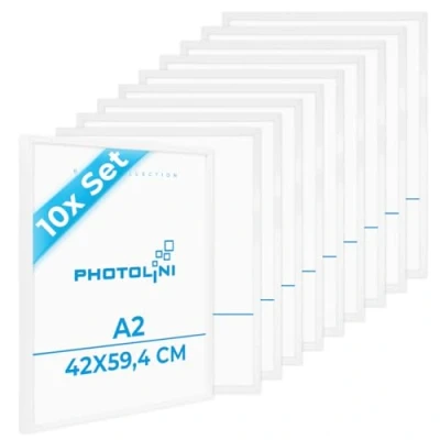 Immagine di PHOTOLINI cornici A2 42x59,4 cm bianco legno MDF, set di 10 per poster, plexiglass infrangibile, da parete, accessori extra inclusi foto, immagini e poster