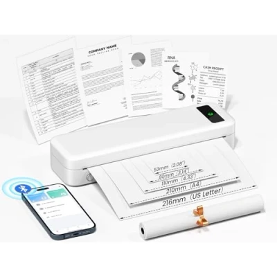 Immagine di Stampante Portatile A4, Termica Compatibile con iPhone Cellulare/iPad/Laptop/PC, iOS/Android Smartphone via Wireless Bluetooth, Mac/Windows USB, Stampa in Nero e Bianco Senza Inchiostro