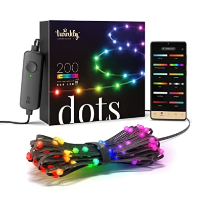 Immagine di Twinkly Dots 10m, Striscia LED Multicolore per Esterno e Interno, RGB Flessibile, Compatibile con HomeKit, Alexa Google Home, IP44, 16M+ Colori, Controllato da App, Filo Nero, 200