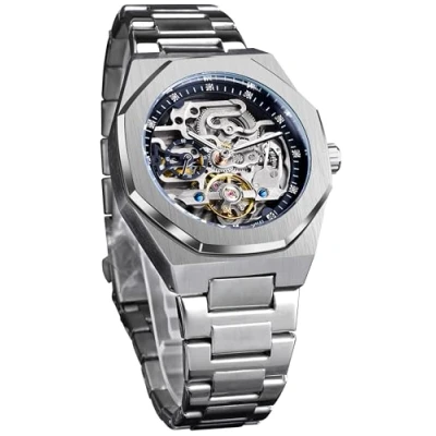 Immagine di FORSINING orologio vintage da uomo, con incisione, automatico, a carica automatica, grande quadrante luminoso fasi lunari dorate, motivo tatuaggio cavo, meccanico, polso, Argento,