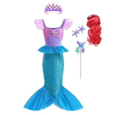 Immagine di Lito Angels Costume Principessa Sirena Ariel Abito con Corona e Parrucca per Ragazza Taglia 3 4 Anni, Viola Blu (Etichetta Tessuto 110)