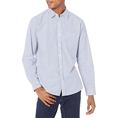 Immagine di Amazon Essentials Camicia Casual in Popeline a Maniche Lunghe vestibilità Regular Uomo, Blu Bianco Righe Verticali, XS