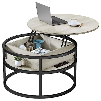 Immagine di YITAHOME CT41 Tavolino da caffè con Piano sollevabile, Ferro in Legno di Quercia ingegnerizzato in, Rovere Bianco, 80x80x47cm