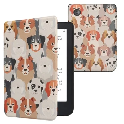 Immagine di kwmobile Custodia eReader Compatibile con Kobo Clara 2E Cover eBook Reader Flip Case bianco/marrone chiaro/grigio Cani
