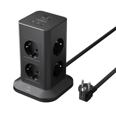 Immagine di TESSAN 8 Prese Ciabatta Multipresa con USB, Elettrica Cavo 2M, Torretta USB C, Verticale Protezione Sovratensione, Interruttore, Nero