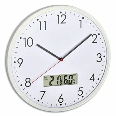Immagine di TFA Dostmann Orologio analogico da parete con termometro digitale e igrometro per il controllo del clima della stanza, in vetro, argento bianco, Ø 302 x H 47 mm