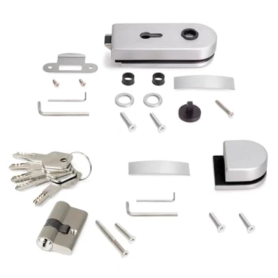 Immagine di Emuca Kit serratura e riscontro per porte a doppio vetro, scrocco orizzontale porta in vetro 8 12mm, acciaio alluminio, anodizzato opaco