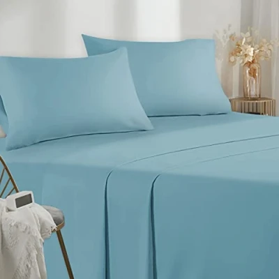Immagine di Poligino Lenzuola Matrimoniali 180 Completo 4 Pezzi in Microfibre Lenzuolo con Angoli Sopra 2 Federa 50x80 180x190/200cm Celeste