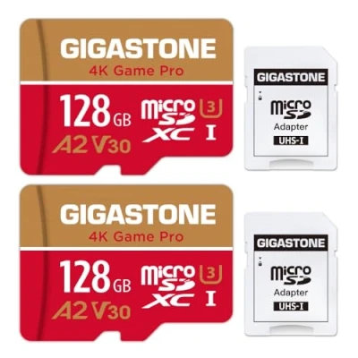 Immagine di [5 Anni Recupero Dati Gratuito] Gigastone Scheda di Memoria 128 GB Set 2 Carte, 4K Game Pro, Compatibile con GoPro Switch, Velocità 100 MB/s. Micro SDXC A2 U3 V30 adattatore SD.
