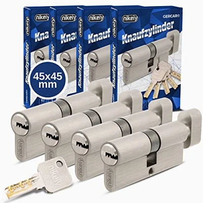 Immagine di GERCAR Pro Cilindro con pomello, 45/45, chiave unica, in ottone nichelato opaco, incluse 10 chiavi reversibili, lunghezza: 90 mm, A:45 B:45, set da 4 pezzi