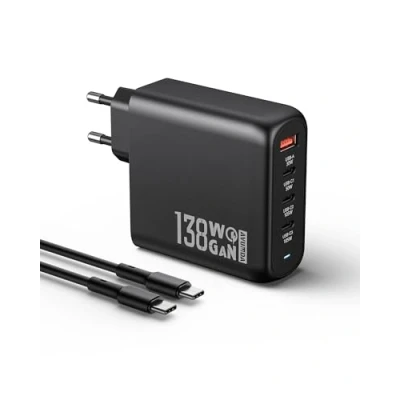 Immagine di OUFUYU 138W Caricatore USB C 4 Porte PD3.0 GaN Caricabatterie Rapido Tipo Alimentatore con Cavo 100W per MacBook Pro/Air, Dell XPS 15, Google Pixel, iPhone 16/15, iPad Pro, Galaxy S24/S23/S22