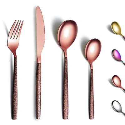 Immagine di Berglander Set di posate 24 pezzi con manico in superficie lunare e placcatura titanio testa oro lucido, moderne acciaio inossidabile utensili per 6