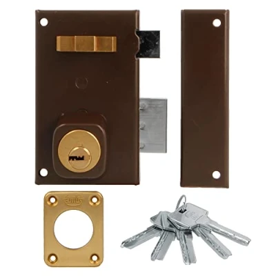 Immagine di Amig Serratura da sovrapposizione a destra con leva di chiusura, linguetta e maniglia per porte in legno mod. 75 67 x 112 mm Cilindro rotondo sicurezza Acciaio Marrone