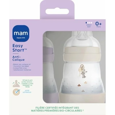 Immagine di MAM 2 Biberon Easy Start Anti Colica 0+ mesi flusso lento (2 x 160 ml) lilla + sabbia per ridurre le coliche e il disagio del bambino l&#039;allattamento