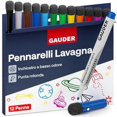 Immagine di GAUDER Set di Pennarelli per Lavagna Bianca (12 pezzi 12 colori) cancellabili a secco senza residui con spugna, ideali lavagne bianche e magnetiche.