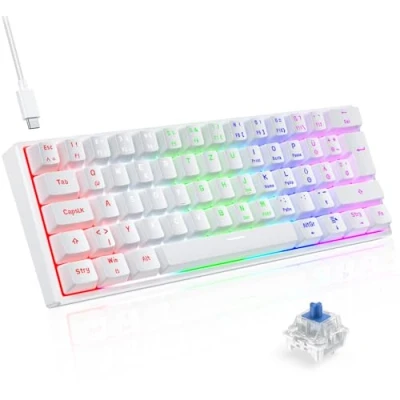 Immagine di QWERTZ tastiera da gioco meccanica Tecurs, 60% TKL, interruttore blu Gamer, cablata 61 tasti per PC Windows/Mac/PS4, colore: Bianco