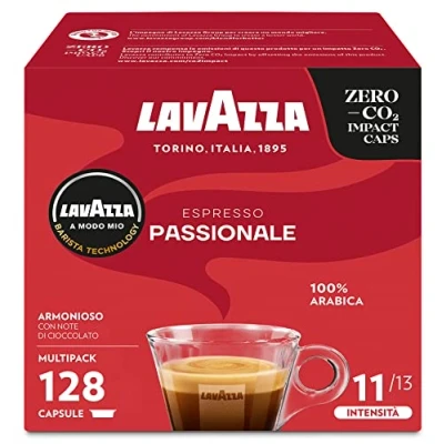 Immagine di Lavazza, A Modo Mio Passionale, 128 Capsule Caffè, per un Espresso con Note di Caramello e Cioccolato, 100% Arabica, Intensità 11/13, Tostatura Scura, 8 Confezioni x 16