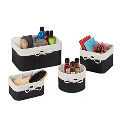 Immagine di Relaxdays Set da 4 Cestini Portaoggetti, Contenitori in bambù per Armadio e Scaffali, Bagno, Grandezze, Nero Crema, 70% 20% Poliestere 10% Fibra