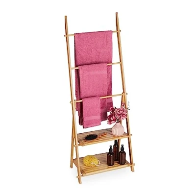 Immagine di Relaxdays Porta Asciugamani da Terra in Bambù, Portasalviette 3 Bracci, 2 Ripiani, Autoportante, 134x53x31,5 cm, Marrone