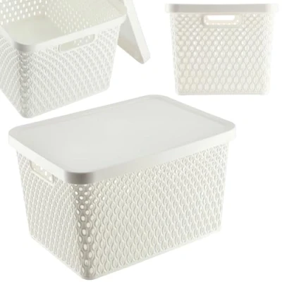 Immagine di KADAX Cesto portaoggetti con coperchio, contenitore in plastica, fori di ventilazione (18 l, bianco)